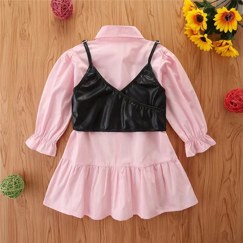 Baby Girl Leather Strap Combo Solid Color Lapel Design Shirt Dress My Kids-USA