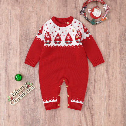 Baby Christmas Embroidered Graphic Side Button Design Knit Long Style Jumpsuit My Kids-USA