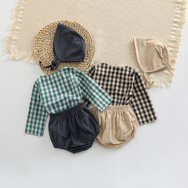 Baby Plaid Graphic Tops And Solid Shorts With Hat 1Pieces Sets My Kids-USA