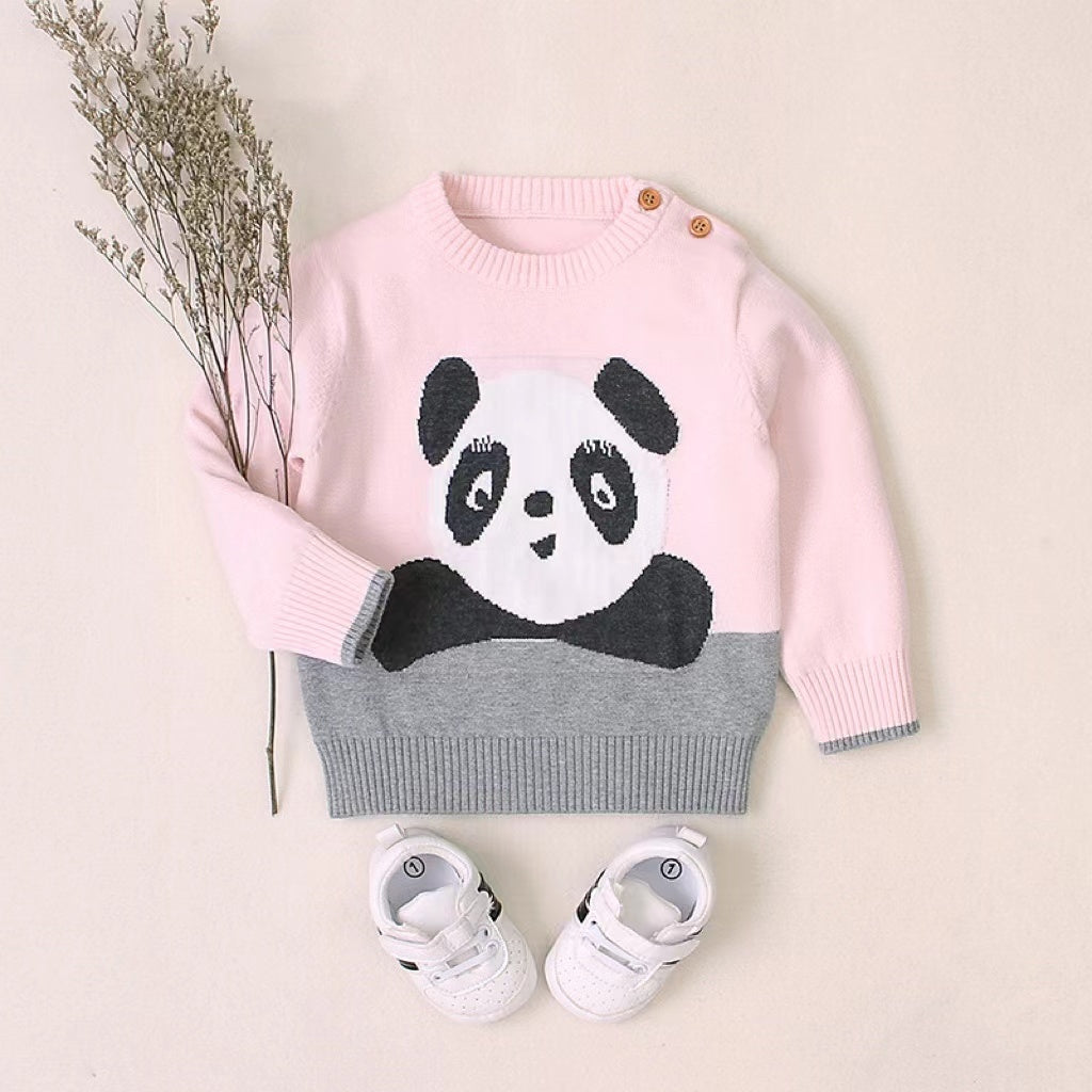 Baby Cartoon Panda Embroidered Pattern Contrast Design Cute Sweater My Kids-USA