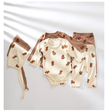 Kids Bear Print Envelope Neck Design Long Sleeved Top Combo Pants Sets With Crotch Hidden Button My Kids-USA