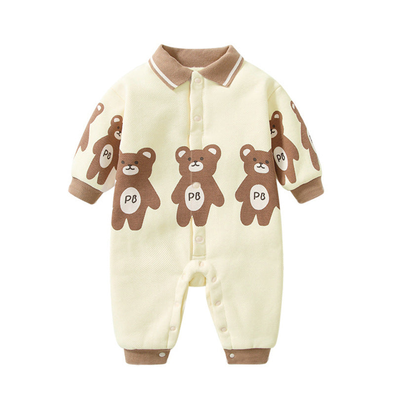 Baby Cartoon Bear Style Striped Pattern Full Button Romper
