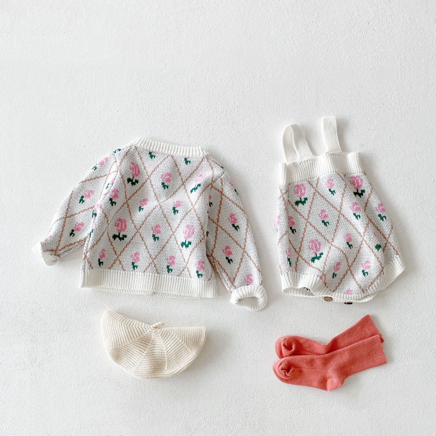 Baby Girl 1pcs Allover Roses Embroidered Graphic Crotch Bodysuit & Cardigan Handmade Knitted Sets My Kids-USA