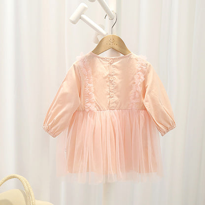 Baby Girl Solid Color Mesh Overlay Design Long Sleeves Dress My Kids-USA
