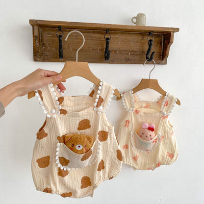 Baby Girl Animal Graphic And 3D Cartoon Doll Patched Design Sling Onesies