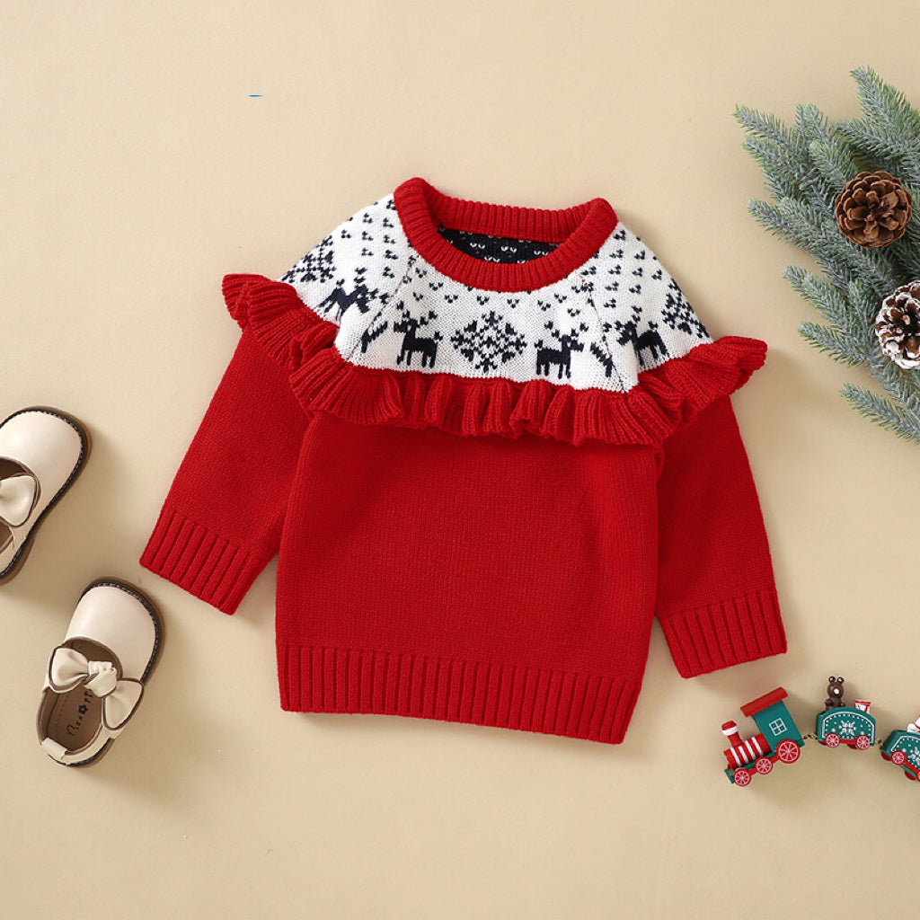 Baby Christmas Elk Embroidered Pattern Pullover Knitted Custom Sweater, MyKids-USA®, Baby & Toddler Outerwear, MyKids-USA - Size/Age - 66 (3-6M) - Color - Red -  -  - JM2211201554-A