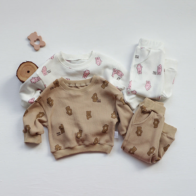 Baby Waffle Fabric Cartoon Bear Graphic Hoodies Combo Trousers Autumn Casual 1 Pieces Sets My Kids-USA