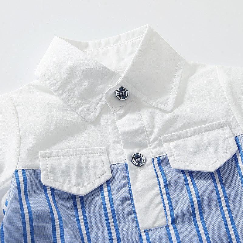Baby Striped Print Turn-Down Collar Rompers In Summer My Kids-USA