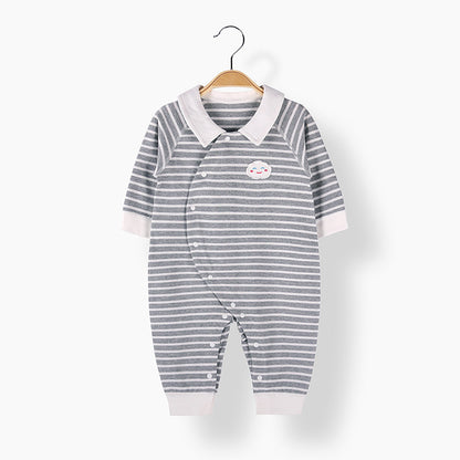 Baby Striped Graphic Cartoon Cloud Patch Design Side Buckle Lapel Jumpsuit Pajamas My Kids-USA