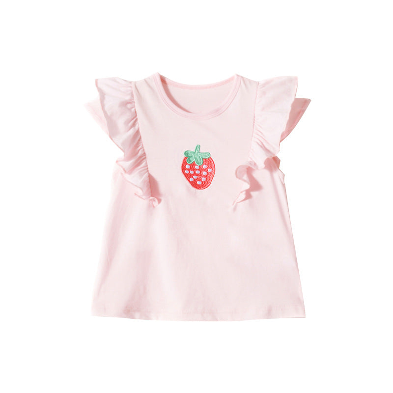 Baby Girl 1pcs Strawberry Embroidered Graphic Ruffle Tops Combo Striped Shorts Sets My Kids-USA