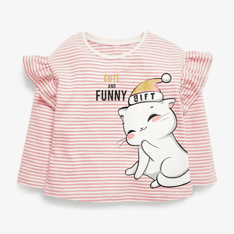 Baby Girl Cartoon Cat & Striped Graphic Long Sleeves Shirt Combo Pants Sets My Kids-USA