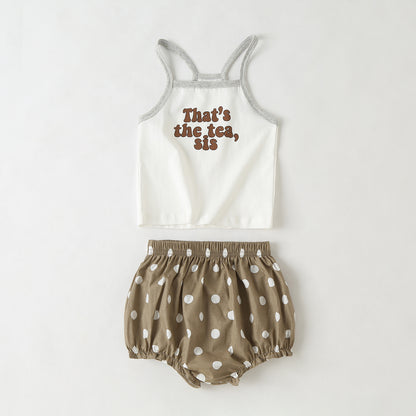 Baby Girl Slogan Pattern Sling Tops Combo Polka Dot Graphic Triangle Shorts 1 Pieces Sets My Kids-USA