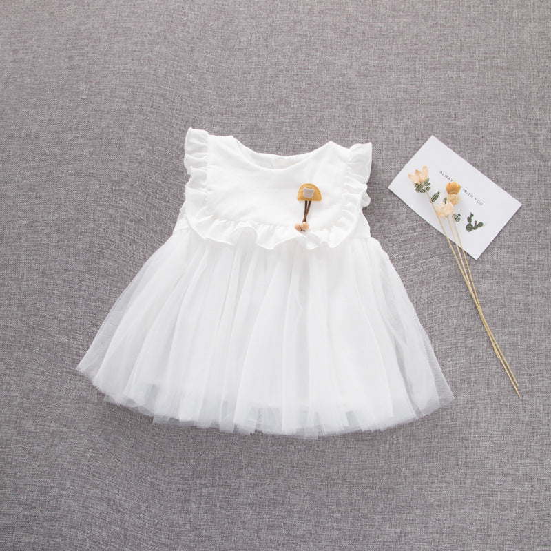 Vestido de malla con parches sin mangas con diseño de patchwork de malla de color liso para niña 