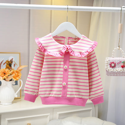 Baby Girl Striped Pattern Flower Patched Design Korean Style Coat My Kids-USA