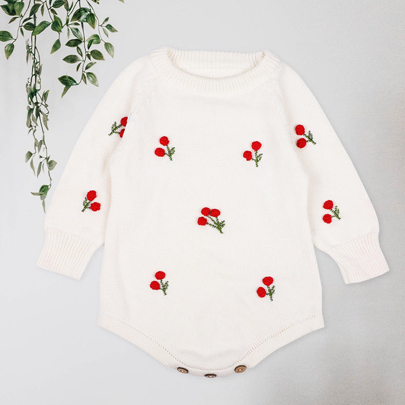 Baby Girl 3D Cherry Pattern O-Neck Long Sleeves Knit Bodysuit My Kids-USA