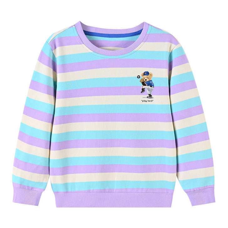 Boys And Girls Bear Print Colorful Striped O-Neck Long Sleeve Hoodie In Autumn My Kids-USA