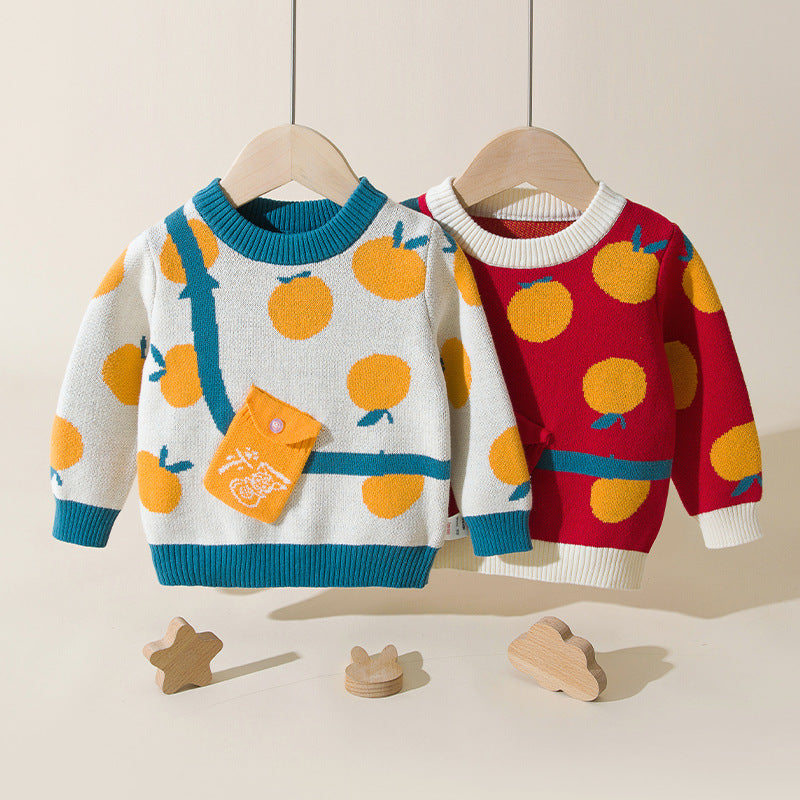 Baby Fruit Pattern False Bodycross Bag Design Pullover Sweater