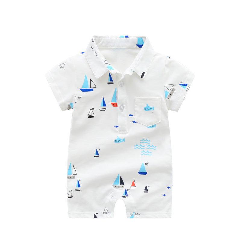 Baby Boy Printed Pattern Polo Neck Design Buttoned Shirt Short Sleeve Rompers In Summer My Kids-USA