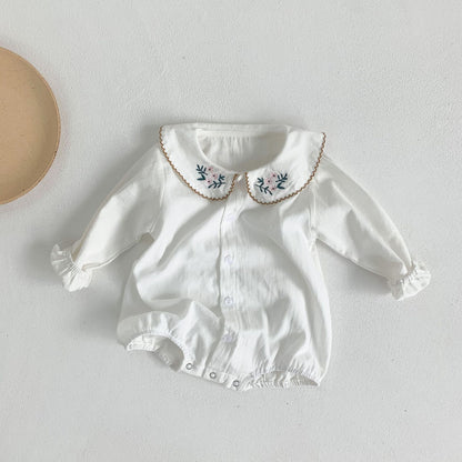 Baby Girl Embroidered Lapel Collar Long Sleeve Onesie In Spring