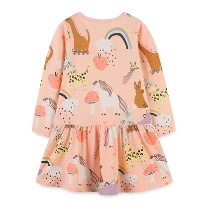 Baby Girl Cartoon Print Pattern O-Neck Long Sleeve Pullover Dress My Kids-USA