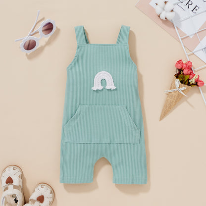 Baby Ribbed Knitted Graphic Rainbow Embroidered Pattern Sleeveless Rompers My Kids-USA