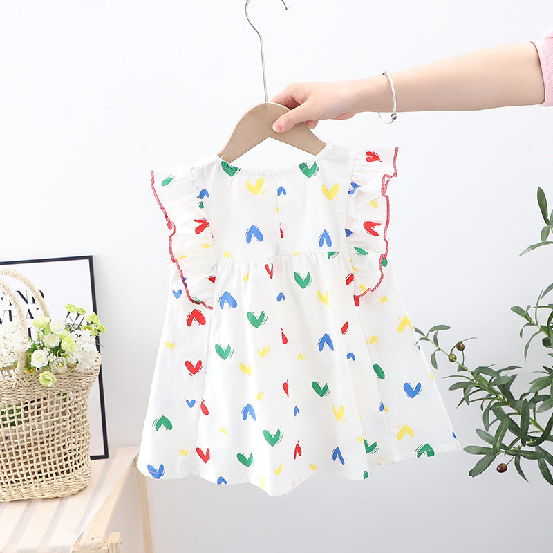 Baby Girl Heart Print Ruffle Design Sleeveless Dress In Summer My Kids-USA