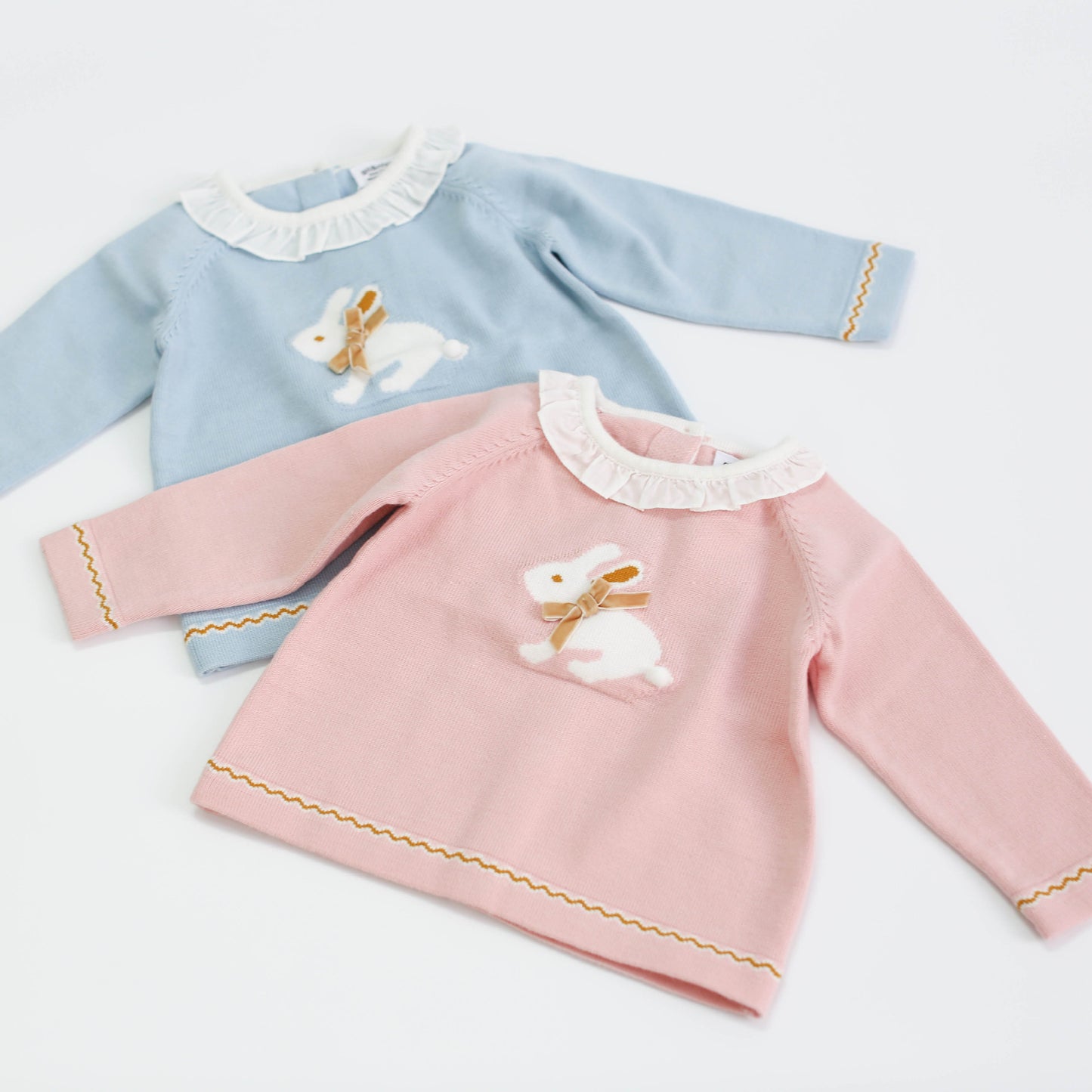 Baby Girl Bunny Print Pattern Ruffle Neck Long Sleeved Knitted Sweater My Kids-USA
