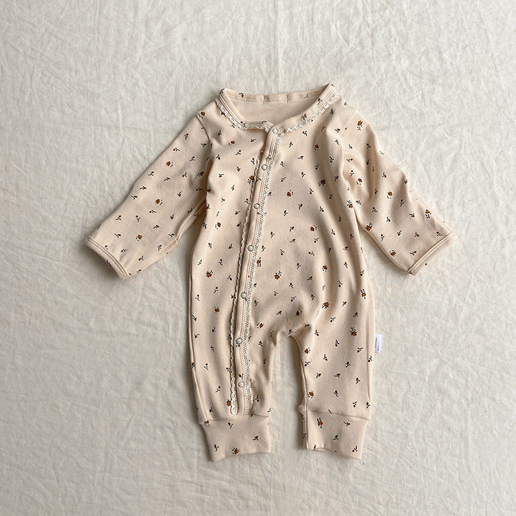 Baby Flower Pattern & Solid Color Lace Design Button Front Jumpsuit My Kids-USA