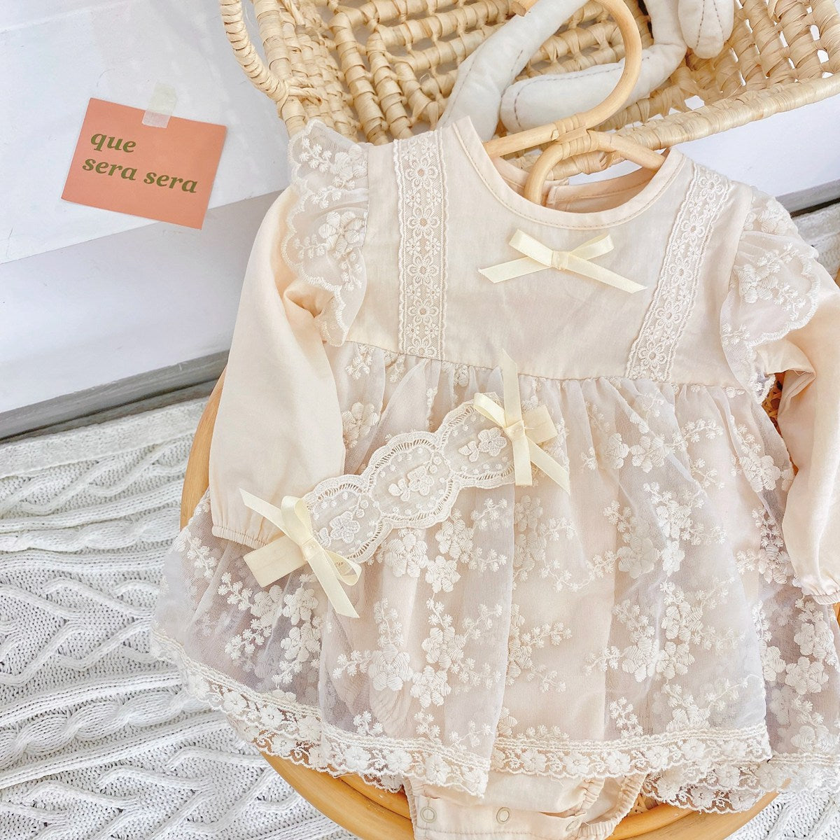 Baby Girl Solid Color Floral Embroidered Mesh Overlay Design bodysuit Dress 80 (9-12M) / Apricot Baby Girl Solid Color Floral Embroidered Mesh Overlay Design bodysuit Dress 80 (9-12M) / Apricot