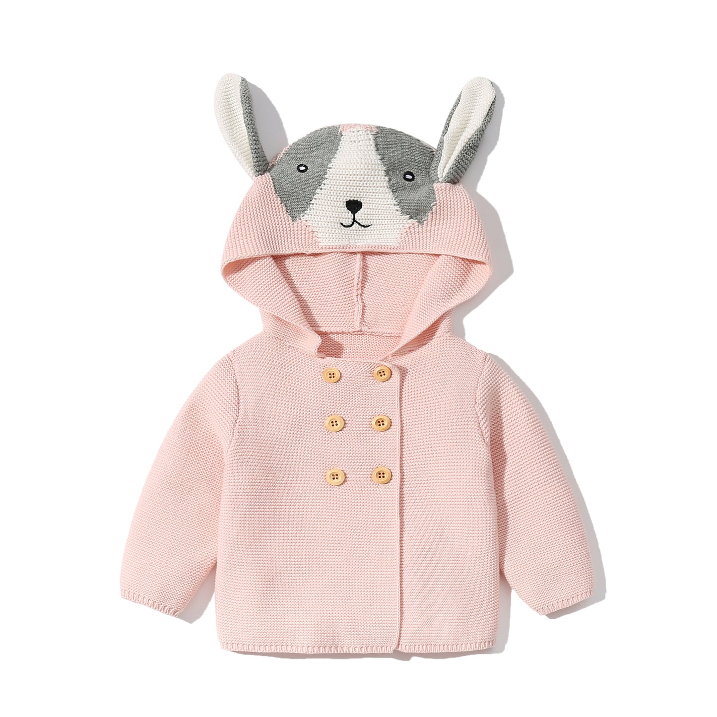 Baby Solid Color Cartoon Design Hooded Knitted Fashion Cardigan