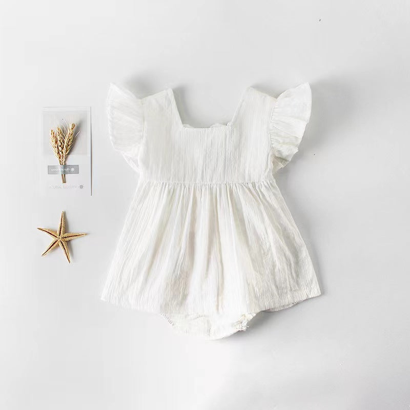 Baby Girl Belted Bow Tie Design Mesh Square Neck Solid White Onesies Dress My Kids-USA