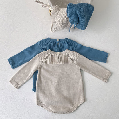 Baby Solid Color Flower Patched Design Knit Long Sleeve Onesies
