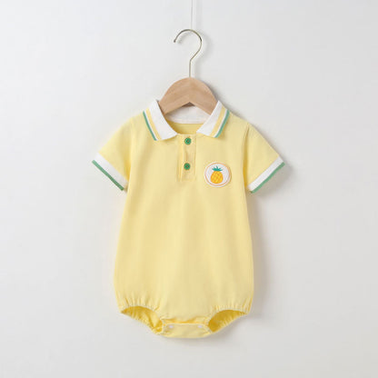 Baby Fruit Pattern Polo Collar Color Blocking Design Short-Sleeved Onesies