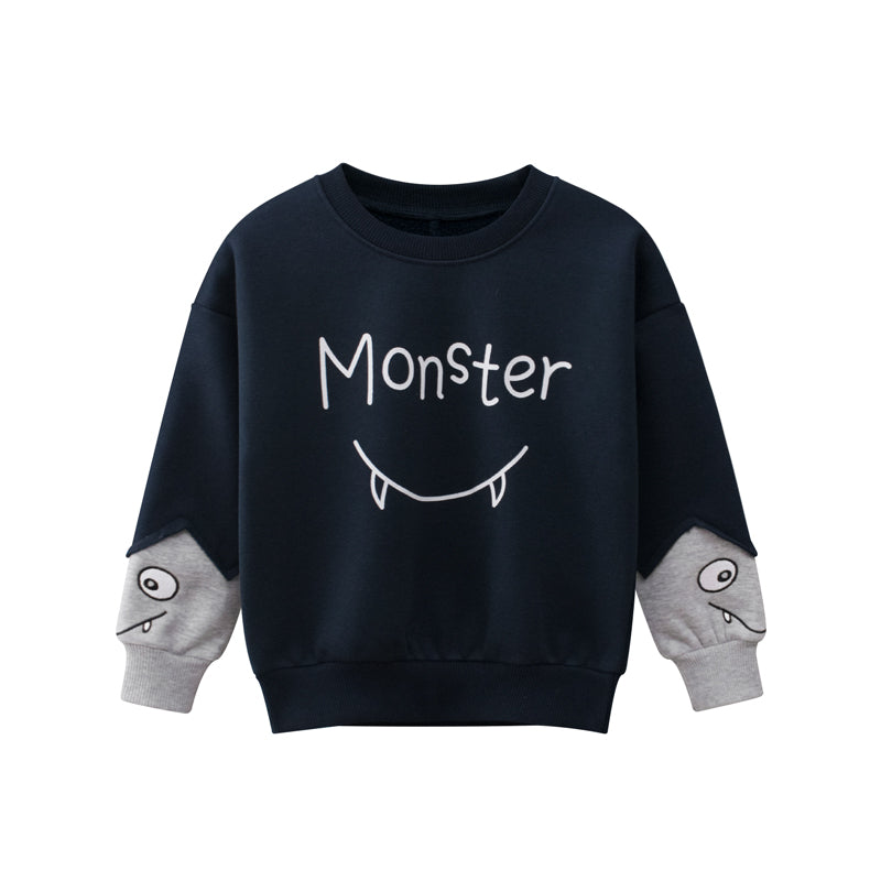 Boys Monster Pattern Letter Print Round Collar Sweatshirt
