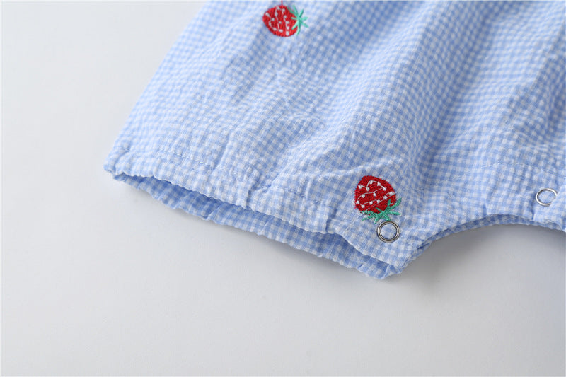Baby Girl 1pcs Plaid Graphic Strawberries Embroidery Snap Button Jumpsuit & Solid Tee Sets My Kids-USA
