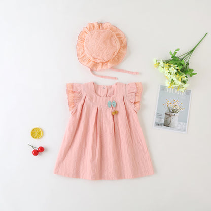 Baby Girl 1pcs Solid Color Flounce Sleeves Bow Tie Dress & Hat My Kids-USA