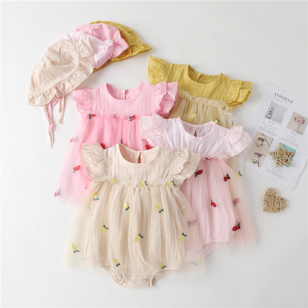 Baby Girl 1pcs Solid Color Pineapple Embroidered Mesh Overlay Flounce Sleeves Onesies Dress My Kids-USA