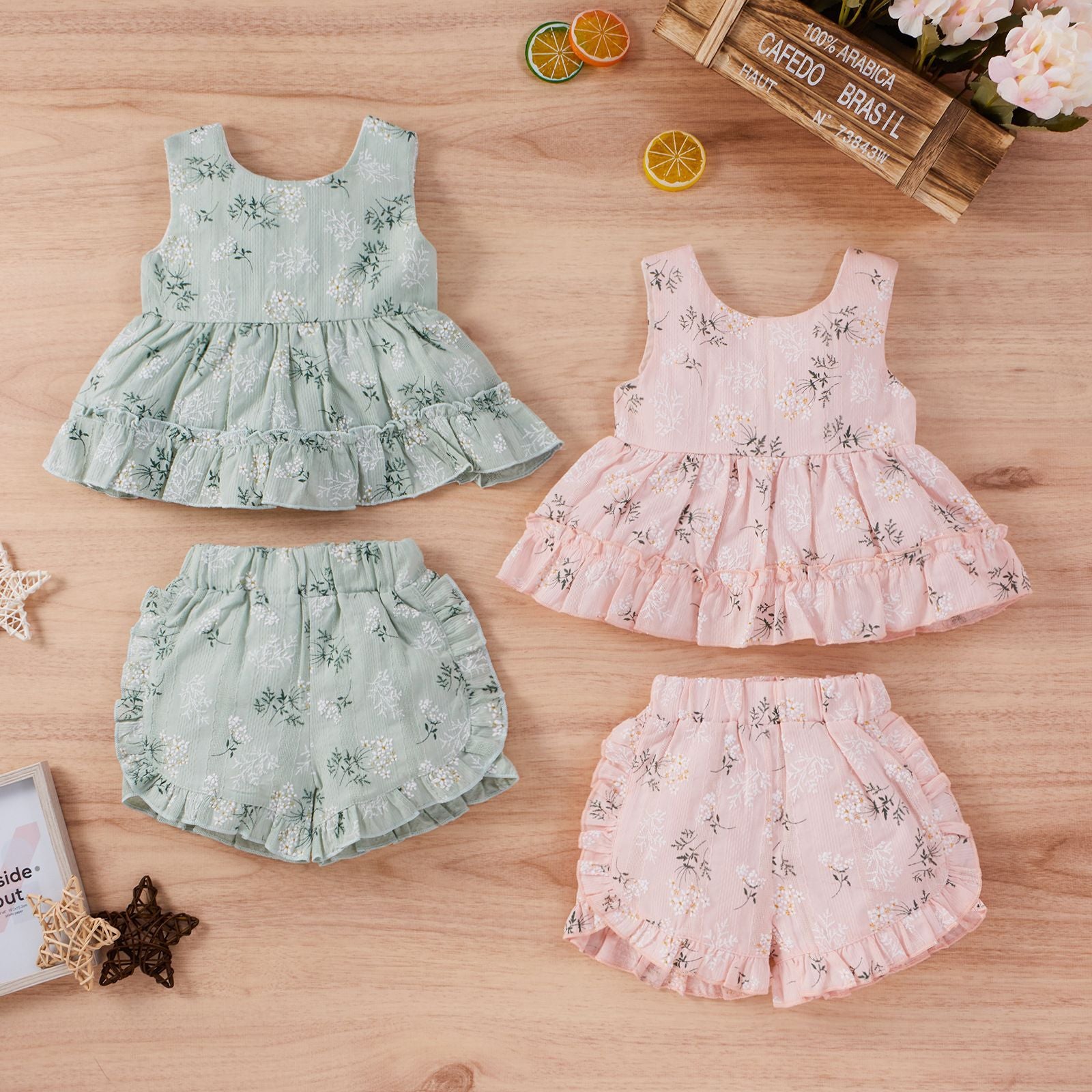 Baby Girl Floral Embroidered Pattern Ruffle Hem Design Sleeveless Tops Combo Shorts Sets My Kids-USA