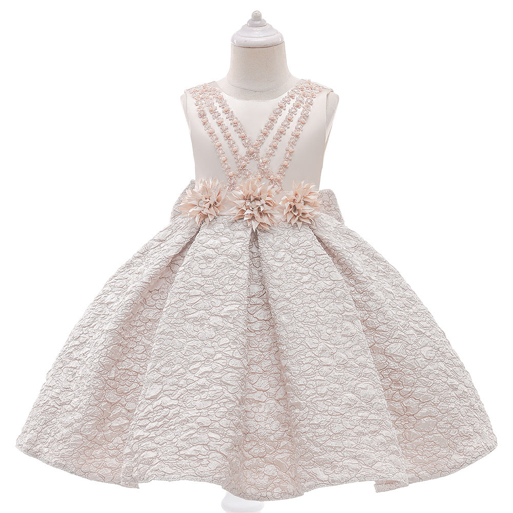 Baby Girl Flower Patched Design Solid Color Sleeveless Princess Formal Dress My Kids-USA