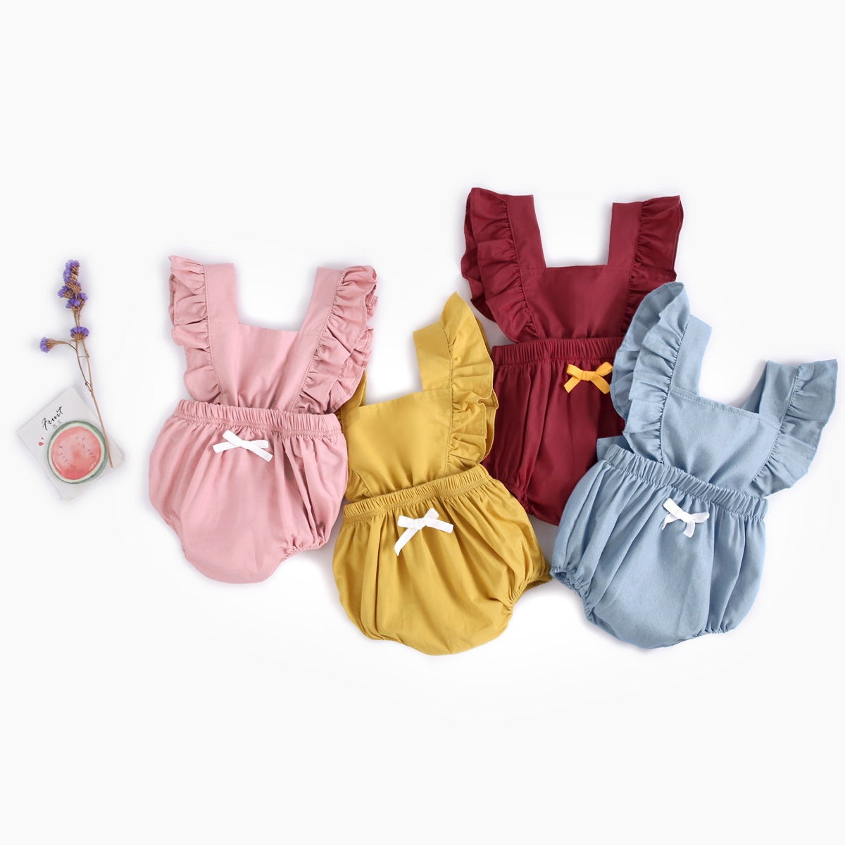 Baby Girl Square Collar Lace Design Denim Fabric Sleeveless Backless Onesies With Bow Decoration My Kids-USA