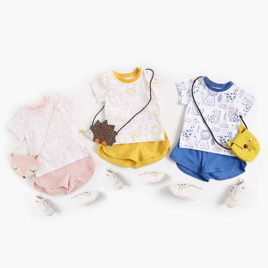 Baby Animal Print Pattern Color Matching Design T-Shirt Combo Solid Shorts Sets