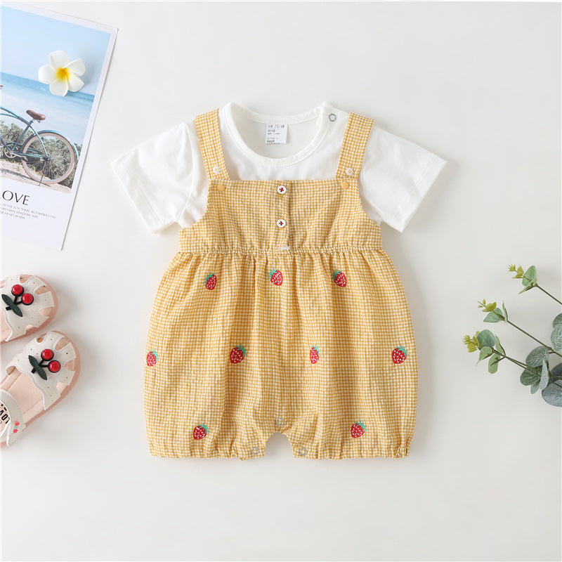 Baby Girl 1pcs Plaid Graphic Strawberries Embroidery Snap Button Jumpsuit & Solid Tee Sets My Kids-USA