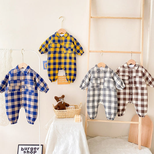 Baby Boy Plaid Pattern Snap Button Front Long-sleeved Thick Rompers My Kids-USA