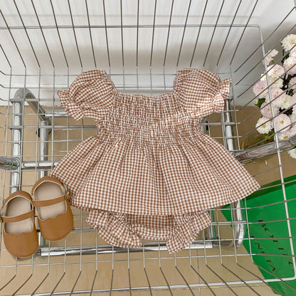 Baby Girl Plaid Pattern Square Neck Shirt Combo Ruffle Neck Sets