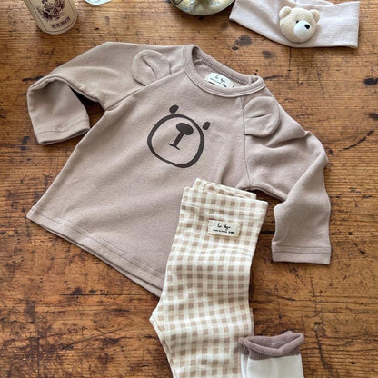 Baby Cute Bear Pattern Shirt Combo Plaid Pattern Pants Sets Home Clothes My Kids-USA