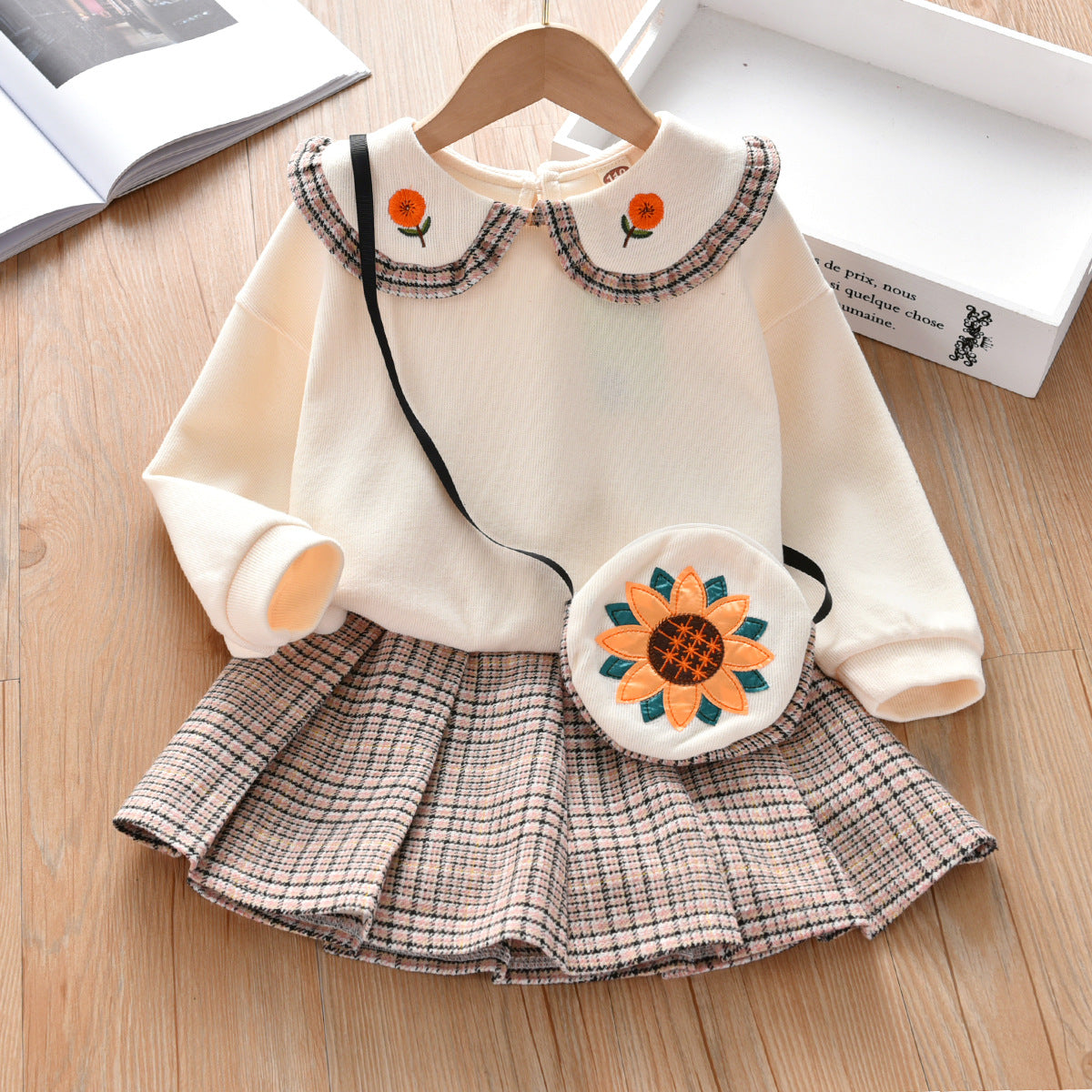 Baby Girl Floral Patches Doll Neck Pullover Hoodie Combo Pleated Skirt Sweet Vintage Style Sets My Kids-USA
