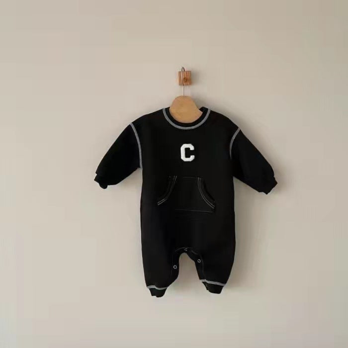 Baby Boy Letter C Embroidered Pattern Simple Style Jumpsuit My Kids-USA