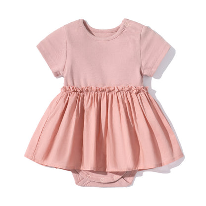 Baby Girls Solid Color Wooden Ear Design Short-Sleeved Dress Onesies In Summer My Kids-USA