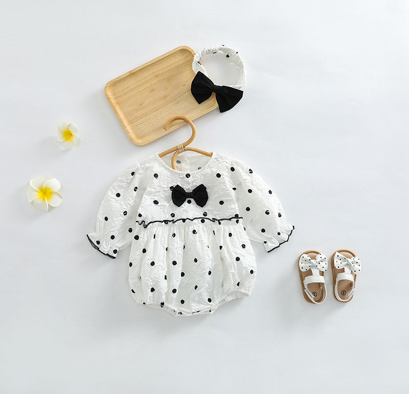 Baby Girl Polka Dot Pattern Bow Decoration Bodysuit With Headband My Kids-USA