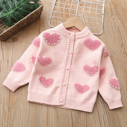Baby Heart Patched Design Single Breasted Design Cardigan